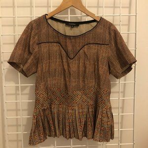 Cotelac Short Sleeve Pleated Print Blouse Piping